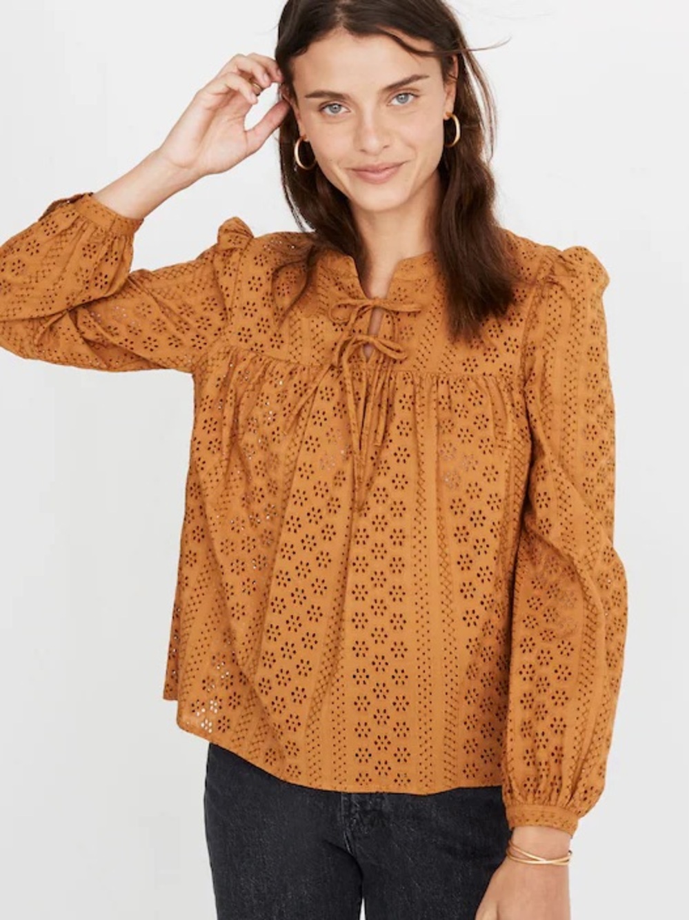 Madewell Eyelet Lace-Up Peasant Blouse Mustard 2X Boho